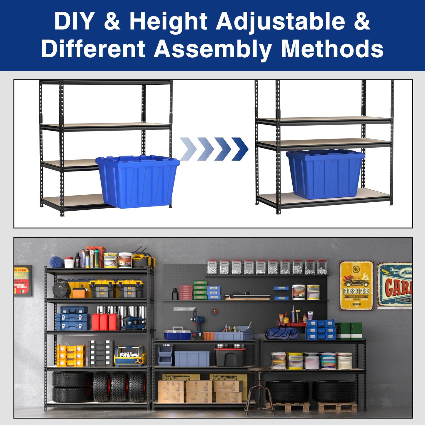 WORKPRO 5-Tier Metal Garage Shelving, 48”W x 24”D x 72”H, Adjustable Storage Rack, Heavy Duty Shelf with Particle Board, 2500 lbs Load Capacity (Total) for Garage, Basement, Warehouse, Kitchen