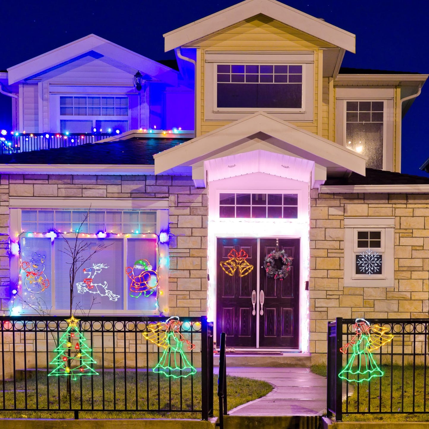 Trwymz Christmas Decorations - 16 Christmas Window Silhouette Lights - 4 Pack Colour Lighted Bell & Snowflake & Reindeer & Christmas Tree For Holiday Indoor And Outdoor Wall Door Window Decorate