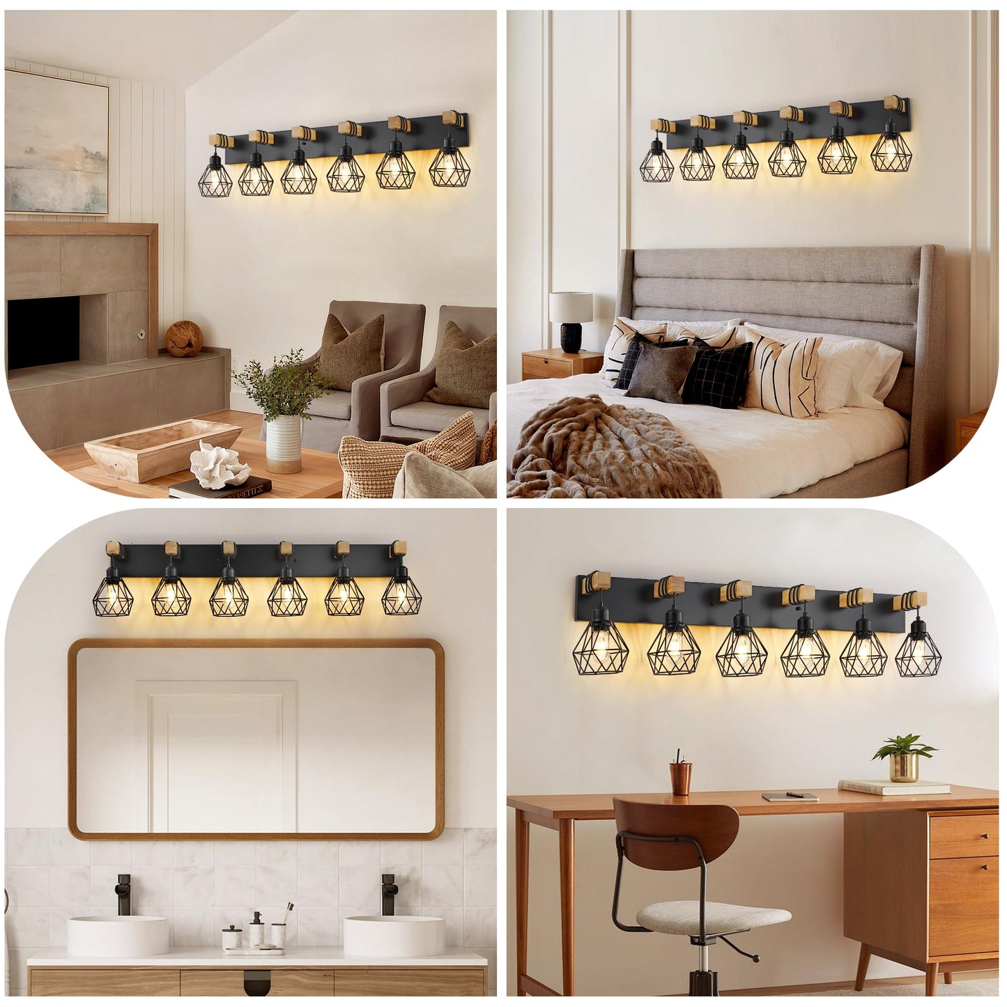 Farmhouse Vanity Light For Bathroom  6-Light Wood Bathroom Vanity Light Fixtures Over Mirror  Rustic Sconces Wall Lighting With Metal Lampshade For Living Room  Bedroom  Hallway