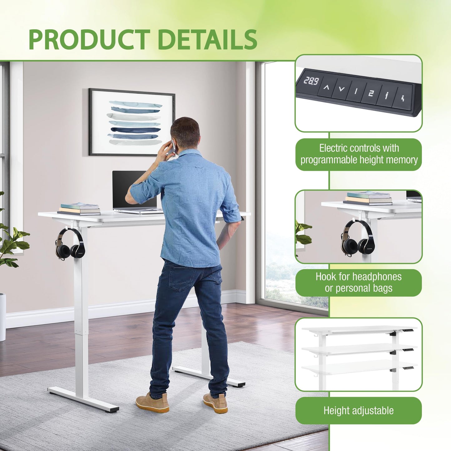 OSP Home Furnishings Primo Sit-to-Stand Electric Height Adjustable Office Desk with Hook, White, 4 Feet Wide
