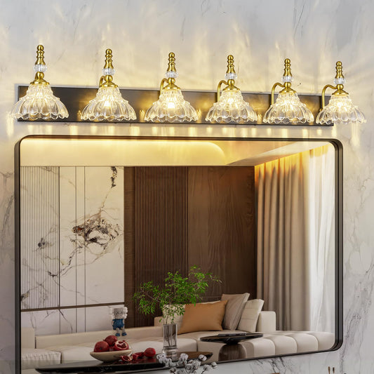 Lbsqj Vintage Bathroom Vanity Light  6-Light Black Gold Vanity Lighting Fixture With Flower Glass Shade  Bathroom Lighting Fixtures Over Mirror