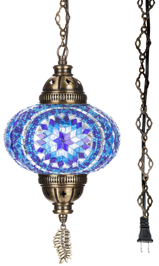 DEMMEX Plug-in Pendant Light – Handcrafted Glass Swag Lamp, Vintage Tiffany Style, 15ft Cord, Blue, Model DEMMEXSWAG1