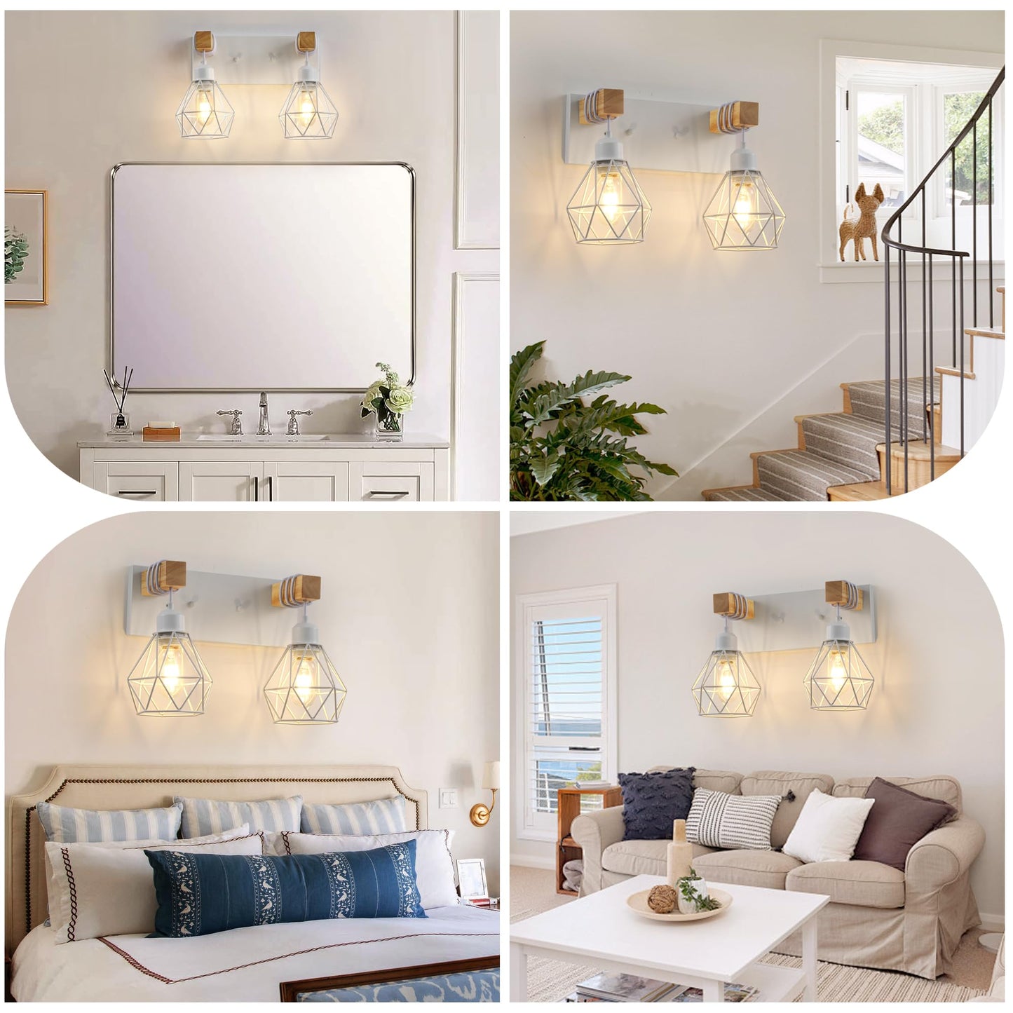 Farmhouse Vanity Light For Bathroom  2-Light White Wood Bathroom Vanity Light Fixtures Over Mirror  Rustic Sconces Wall Lighting With Metal Lampshade For Living Room  Bedroom  Hallway