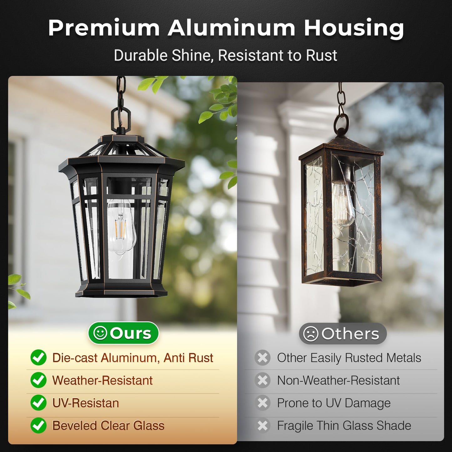 Vianis Large Outdoor Pendant Light With Adjustable Chain  Black Hanging Lights With Gold Trim  Aluminum Outdoor Chandelier For Porch With Tempered Glass  Hanging Lighting For House  Doorway  Entryway