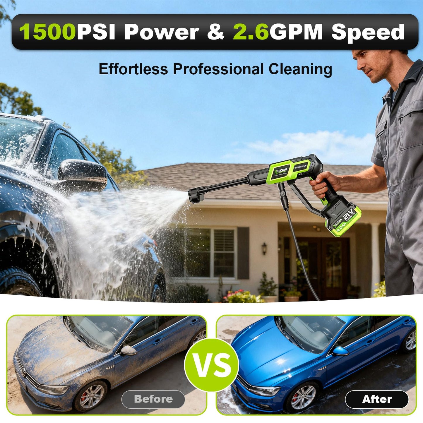 Cordless Pressure Washer 1500PSI 2.6GPM 400W Brushless Motor,Portable Electric Power Washer, 2 Batteries, Fast Charger, 6-in-1 Nozzle, Extension Rod, 16.4FT Hose & Storage Case for Car Home Cleaning