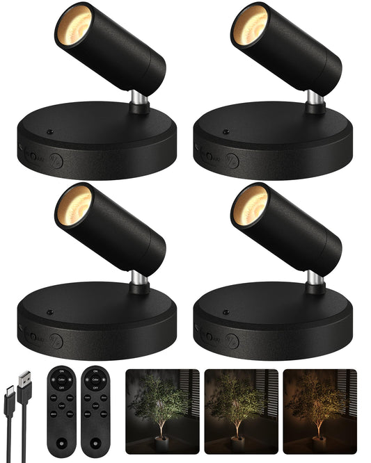 Ezvalo Spotlights Indoor With Remote 5500Mah Rechargeable Picture Lights  Wireless Led Uplighting With Timer&Dimmable  3Cct Mini Plant Spot Lights For discomfort-reducingting Artwork Accent Lighting(4Pack-Black)