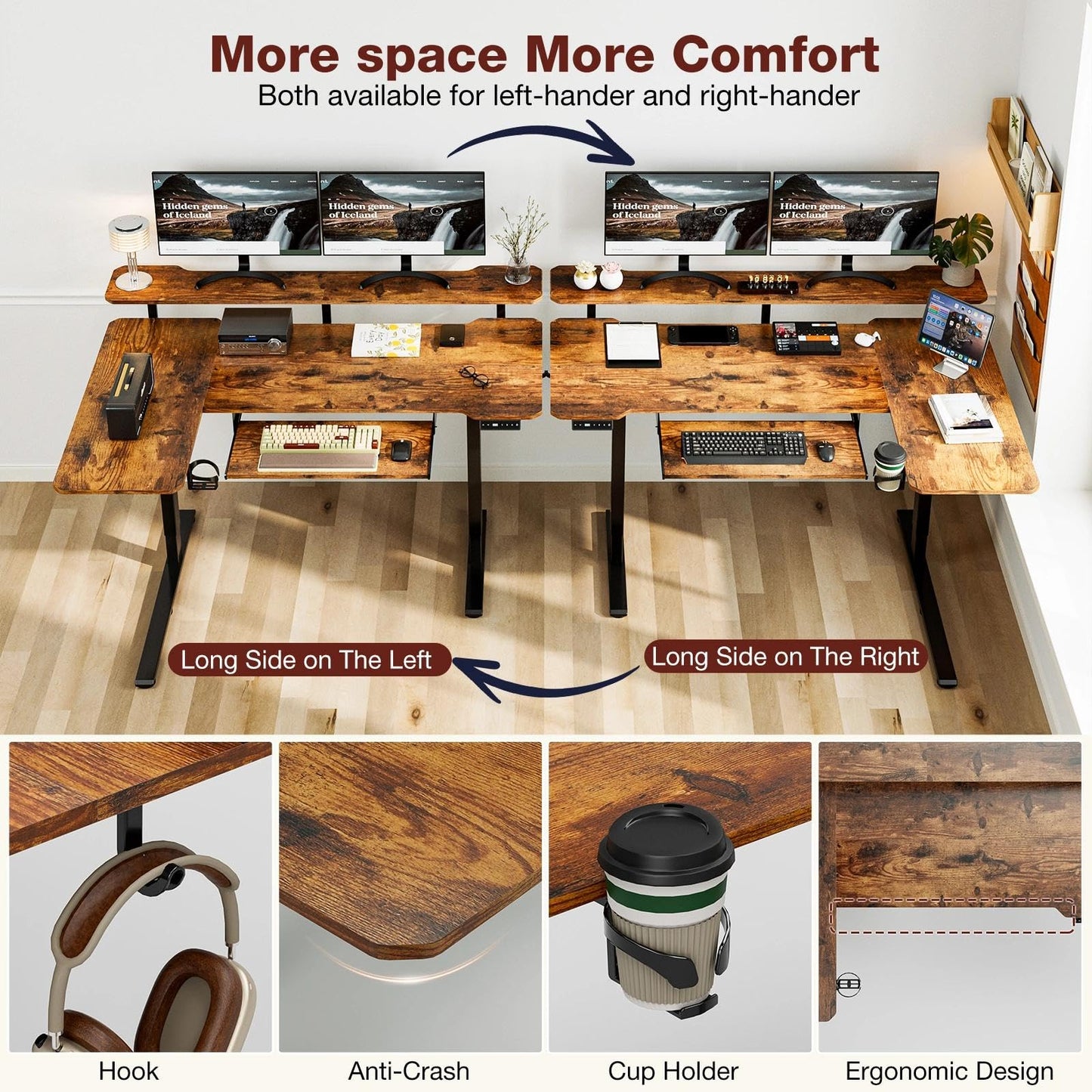 Acrolix 59 Inch L Shaped Standing Desk with Shelves and Keyboard, Electric Corner Standing Desk Adjustable Height, Sit Stand Computer Table with Reversiable Splice Board，Rustic Brown