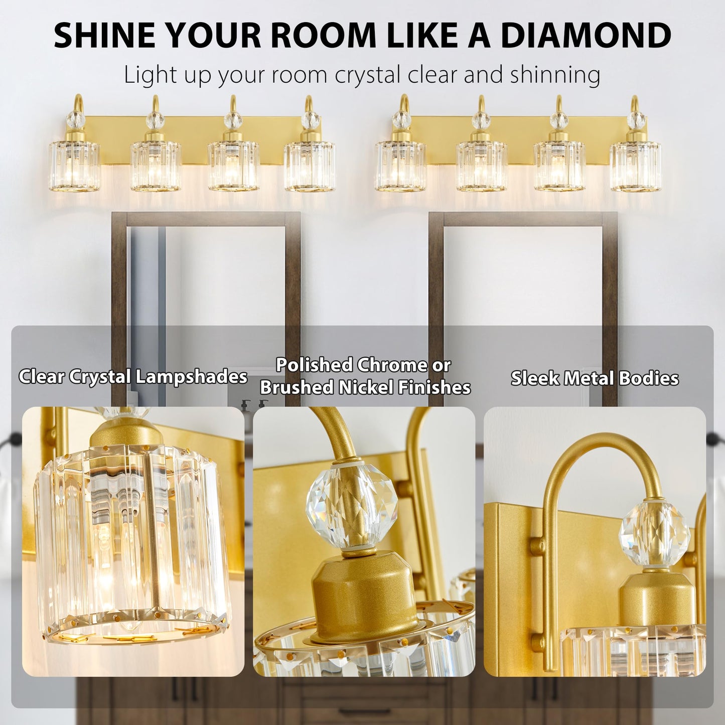 Diamondforge Bathroom Vanity Light Fixtures Over Mirror - Makeup Lighting Pure Gold - For Modern Wall  Bath  Desk  Farmhouse  Hallway - 4 Crystal Lights