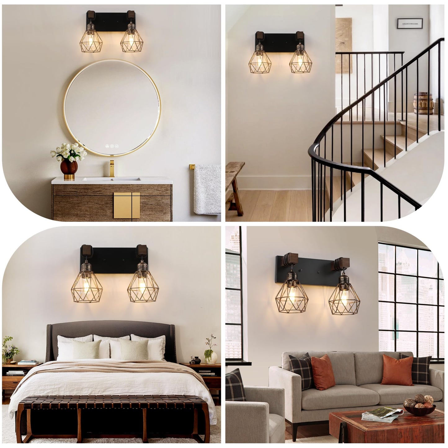 Farmhouse Vanity Light For Bathroom  2-Light Black Gold Wood Bathroom Vanity Light Fixtures Over Mirror  Rustic Sconces Wall Lighting With Metal Lampshade For Living Room  Bedroom  Hallway