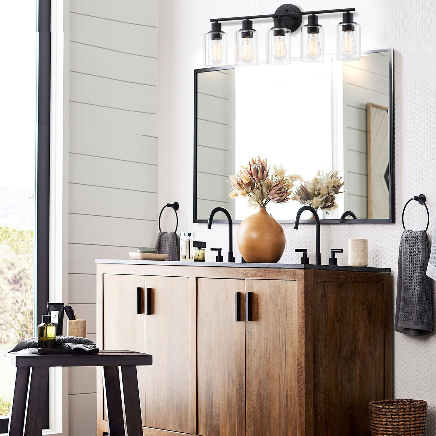 Faymart Lighting 5-Light Black Bathroom Vanity Light Fixture Over Mirror - 5 Bulb Black Wall Sconce For Bathroom Bedroom Hallway Wall Mount Fixture Over Kitchen Sink