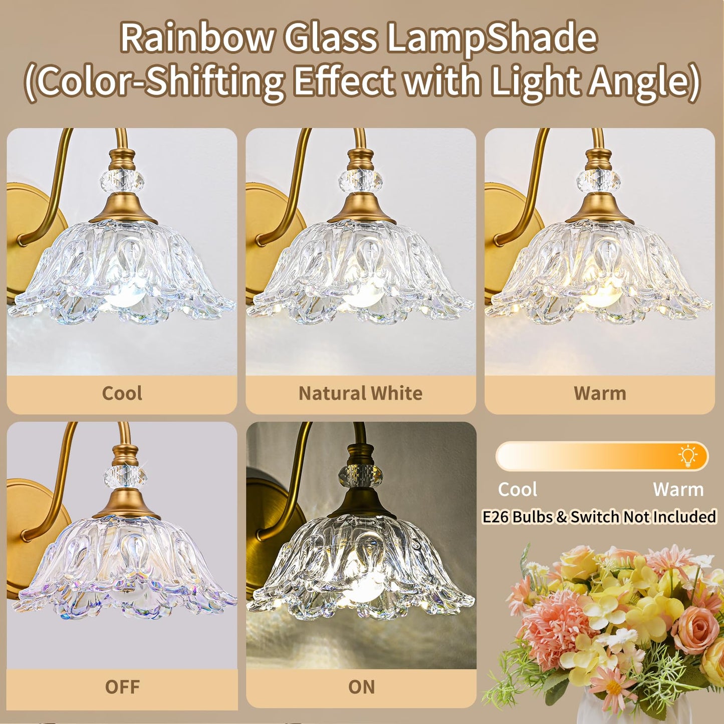 Sunkryster 1 Piece Vintage Wall Sconce With Floral Rainbow Glass Shade  Matte Brass Finish Wall Mount Lighting For Bathroom Vintage Bathroom Vanity Light Fixtures