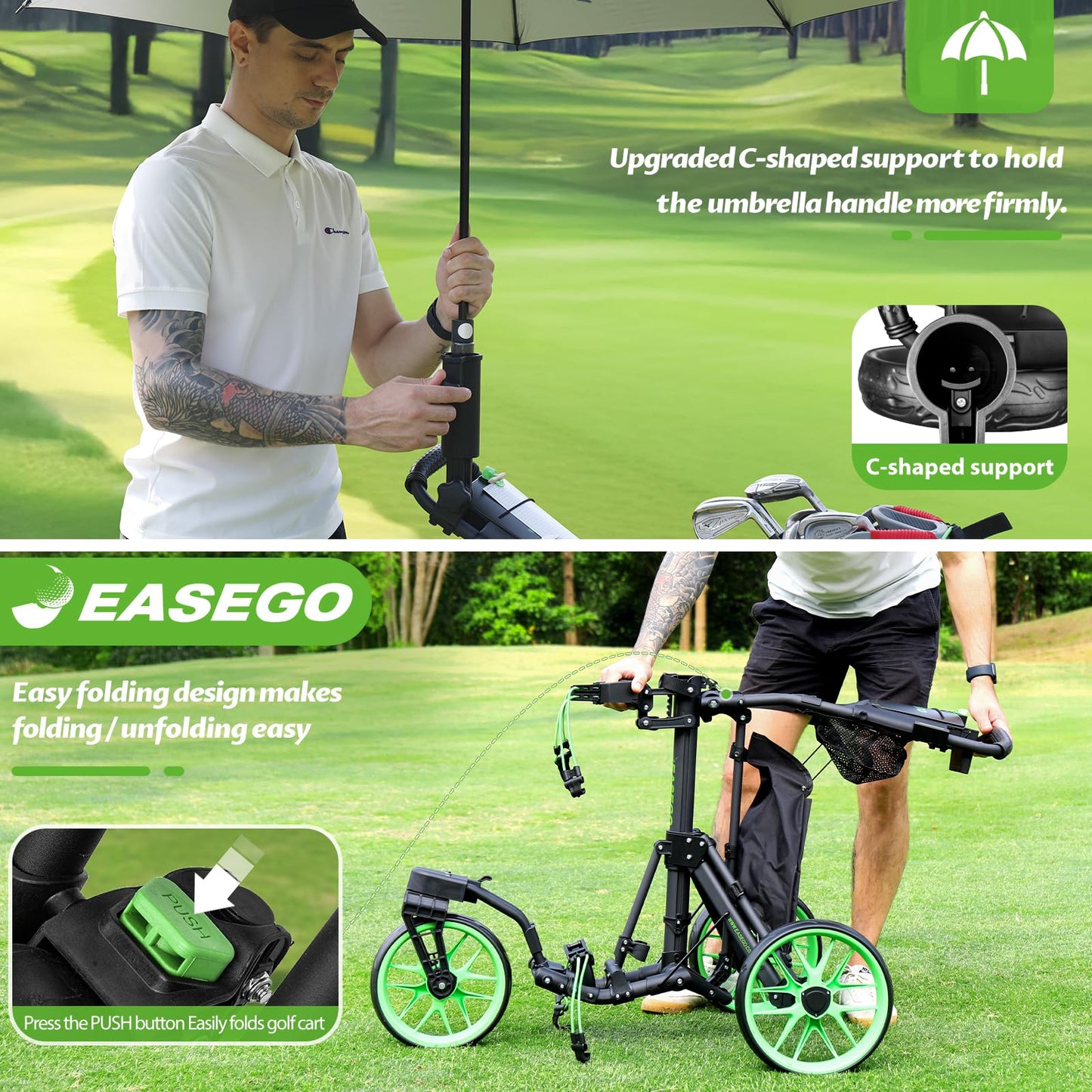 EASEGO Golf Push Cart 3 Wheel : 360° Swivel Front Wheels with Phone Holder/Cup Holder/Umbrella Holder/Foot Brake Quick Fold Golf Walking Push Pull Carts All-Terrain Golf Caddy Carts(Lime Green)