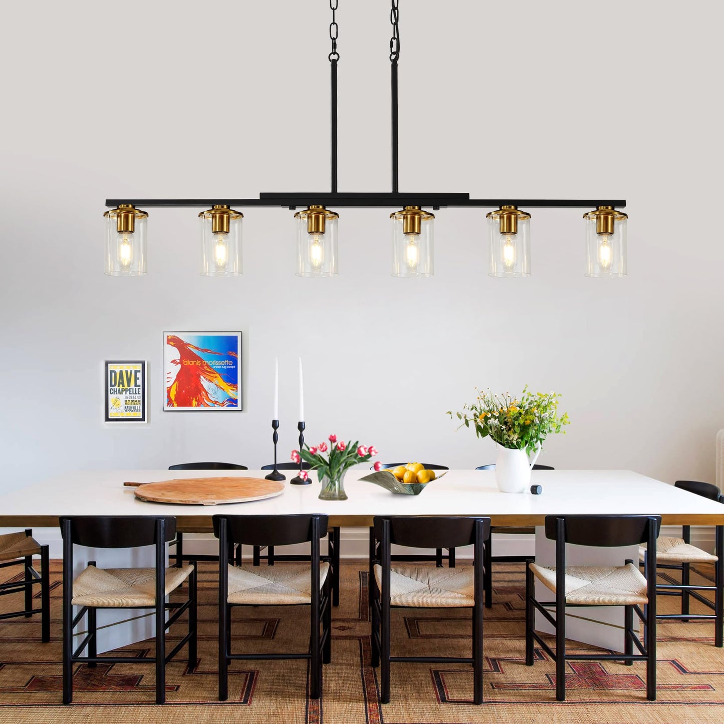 Xvmbvm 6-Light Kitchen Island Lighting Dining Room Lights Modern Farmhouse Chandelier With Clear Glass Shade Modern Rustic Black And Gold Metal Chandelier  Kitchen Pendant Light Fixtures Over Table