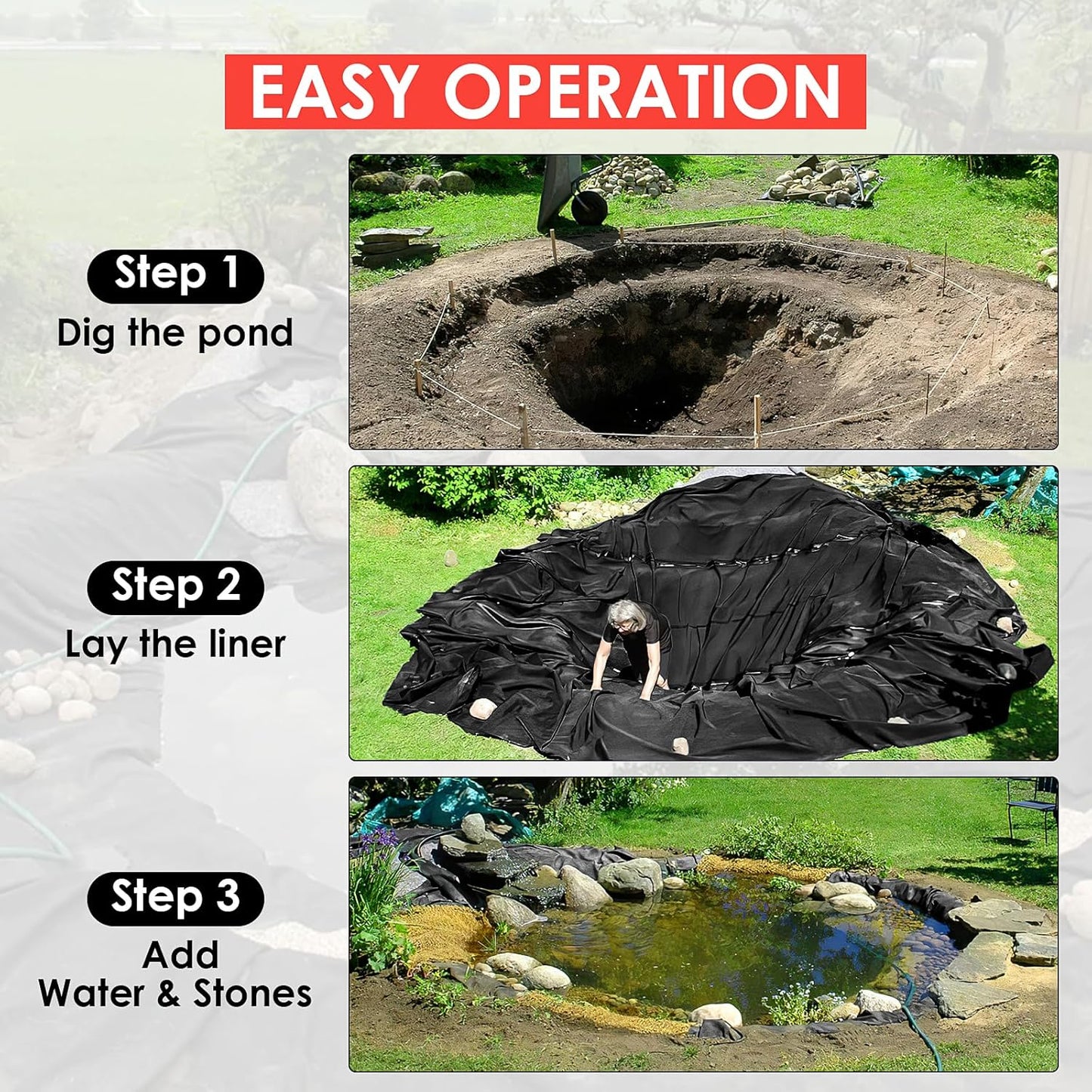 10x13 ft Pond Liner, 20 Mil Thickness, Pliable & Durable LLDEP Material, Easy Cutting & UV Resistant, for Fish or Koi, Features, Waterfall Base, Fountains and Water Gardens