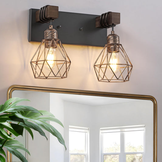 Farmhouse Bathroom Vanity Light Fixtures  2-Light Wood Bathroom Light Fixtures Over Mirror  Rustic Sconces Wall Lighting With Elegant Metal Lampshade For Living Room  Bedroom  Hallway