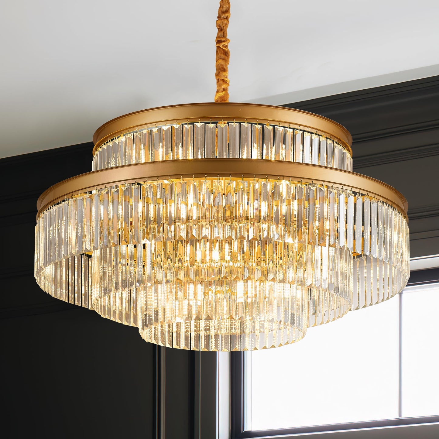 Brfaixla 31.5 18-Light Modern Crystal Chandelier Light Fixture Large 4-Tier Gold stylish Glam Chandeliers For Dining Room Round Hanging Pendant Lighting For Living Room Kitchen Bedroom Foyer Lobby