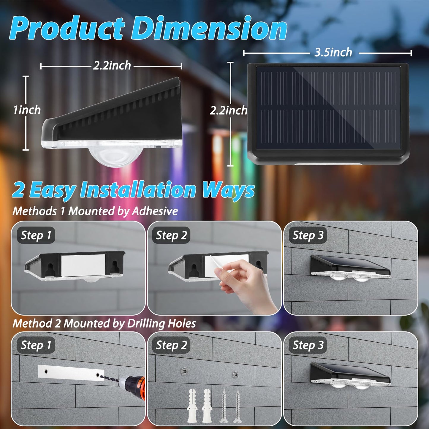 Solar Lights Outdoor 16-Pack  Waterproof Fence Lights Solar Powered With Warm White & 6 Rgb Colors & 2 Lighting Modes For Backyard  Deck  Step  Stairs  Balcony  Yard  Patio  Walkway  Pathway