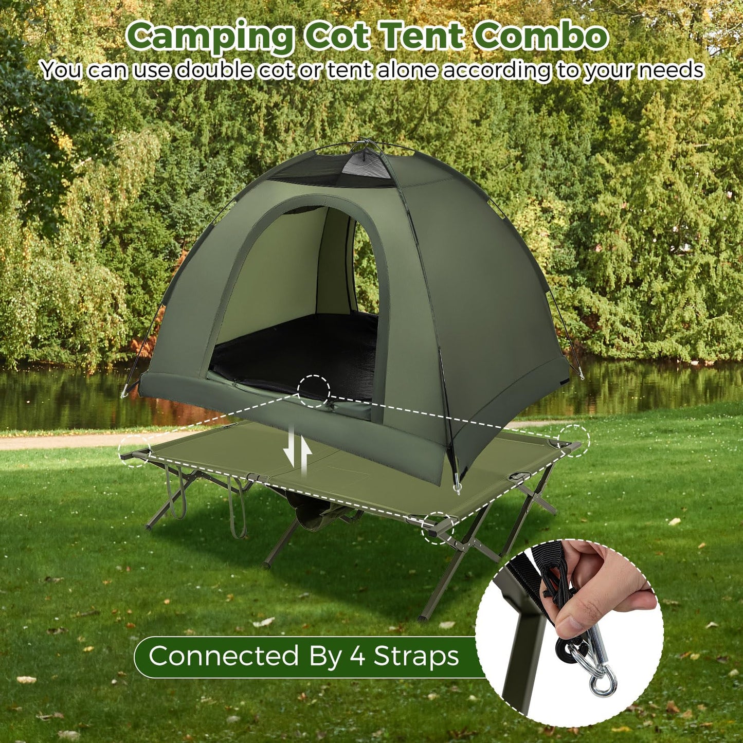 Tangkula 2 Person Tent Cot, Portable Off Ground Elevated Camping Tent with Cot, Removable Rainfly, Wheeled Bag, Stakes & Wind Ropes for Picnic, Hiking, Travel, Beach