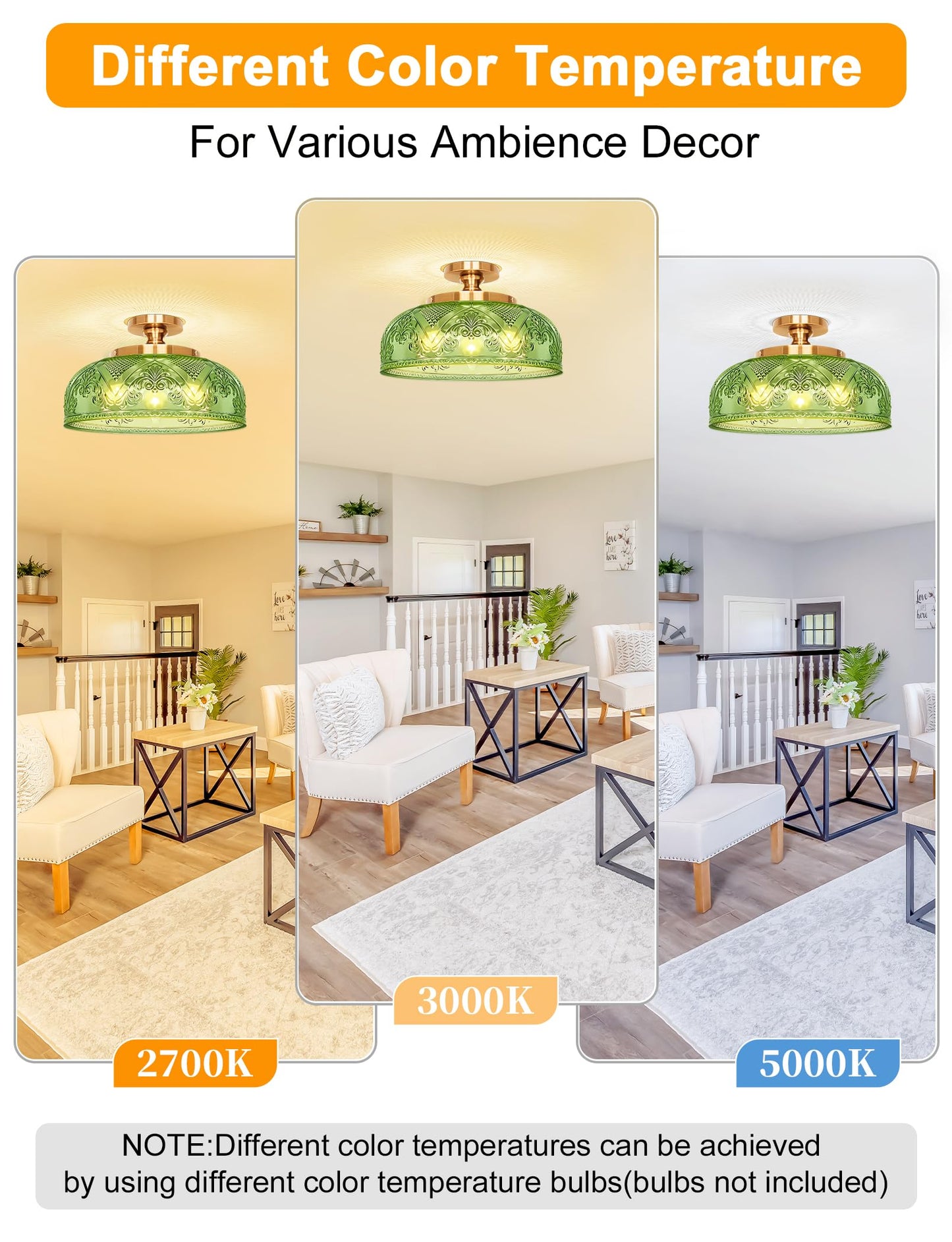 Slypadan Green Semi Flush Mount Ceiling Light  12 Inch Large Ceiling Light Fixture Gold  3-Light Globe Glass Farmhouse Kitchen Lighting Fixtures For Bathroom  Hallway  Dining Room (Bulb Not Included)