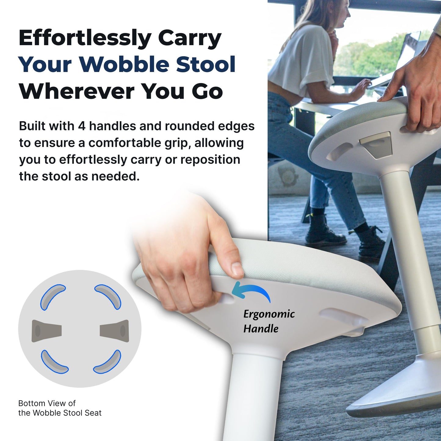 Backerz Standing Desk Stool Chair, Height Adjustable Stool 21-31 inch for Office and Classroom, Swivel Stool, Anti-Slip Bottom Ergonomic Wobble Stool with Rocking Motion, White