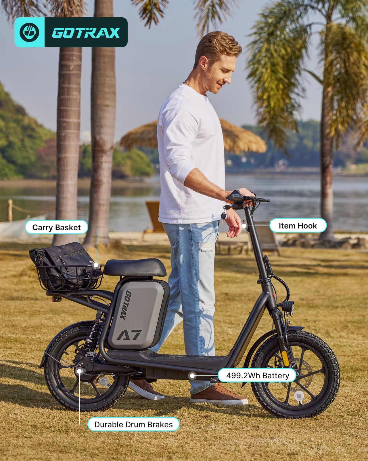 Gotrax A7 Electric Scooter for Adults-16 Pneumatic Tires, 500W Motor Hits 20 Mph, 28 Miles Range & 2 Gears, Comfortable Seat & Big Seat Bag, Wider Deck & Carry Basket for Daily Commuting White
