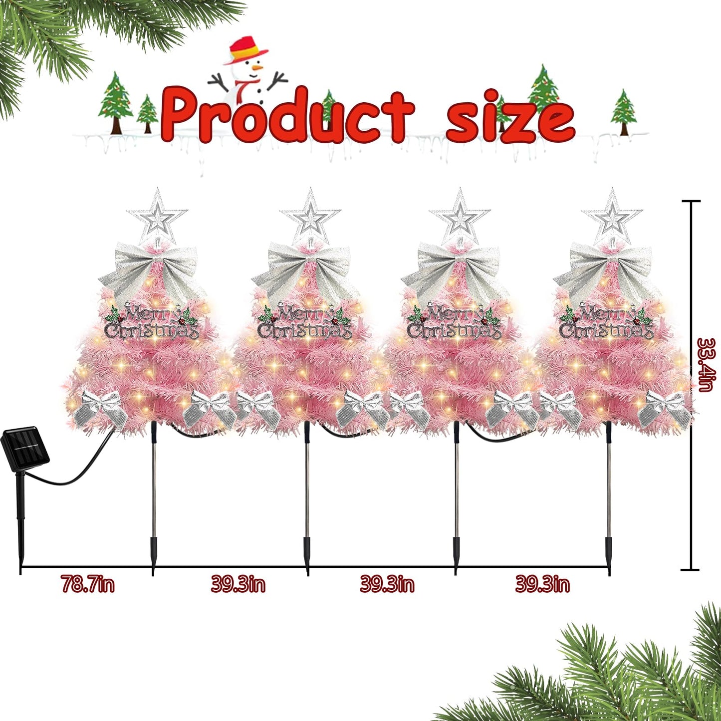 4 Pack Christmas Tree Solar Pathway Lights Outdoor Decorations  Waterproof Artificial Mini Xmas Tree Stake Lights With Diy Ornamets For Garden Yard Porch Decor (Pink Tree)