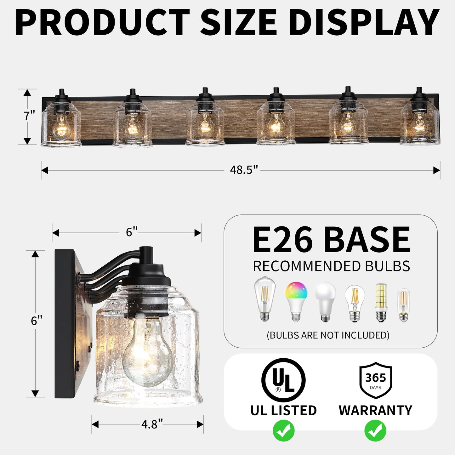 Yklitg Vanity Lights For Bathroom Large 48 Inch  Farmhouse Rustic Vanity Light With Bubble Glass Shades  Brown 6 Light Bathroom Lighting Fixtures Over Mirror  Bath Wall Sconce Home Decor
