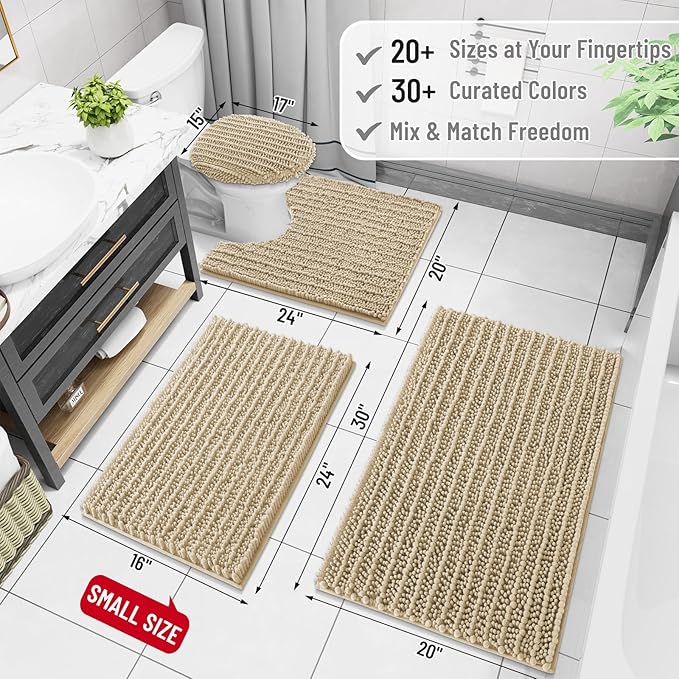Arotive Luxury Chenille Bathroom Rug Mat, Extra Soft Thick Absorbent Shaggy Bath Rugs, Non-Slip Machine Wash Dry, Plush Bath Mats for Bathroom, Shower and Tub, 70x46, Beige