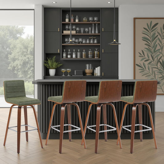 Armen Living Vienna Modern Swivel 30" Bar Height Barstool with Vintage Green Faux Leather and Walnut Wood Finish