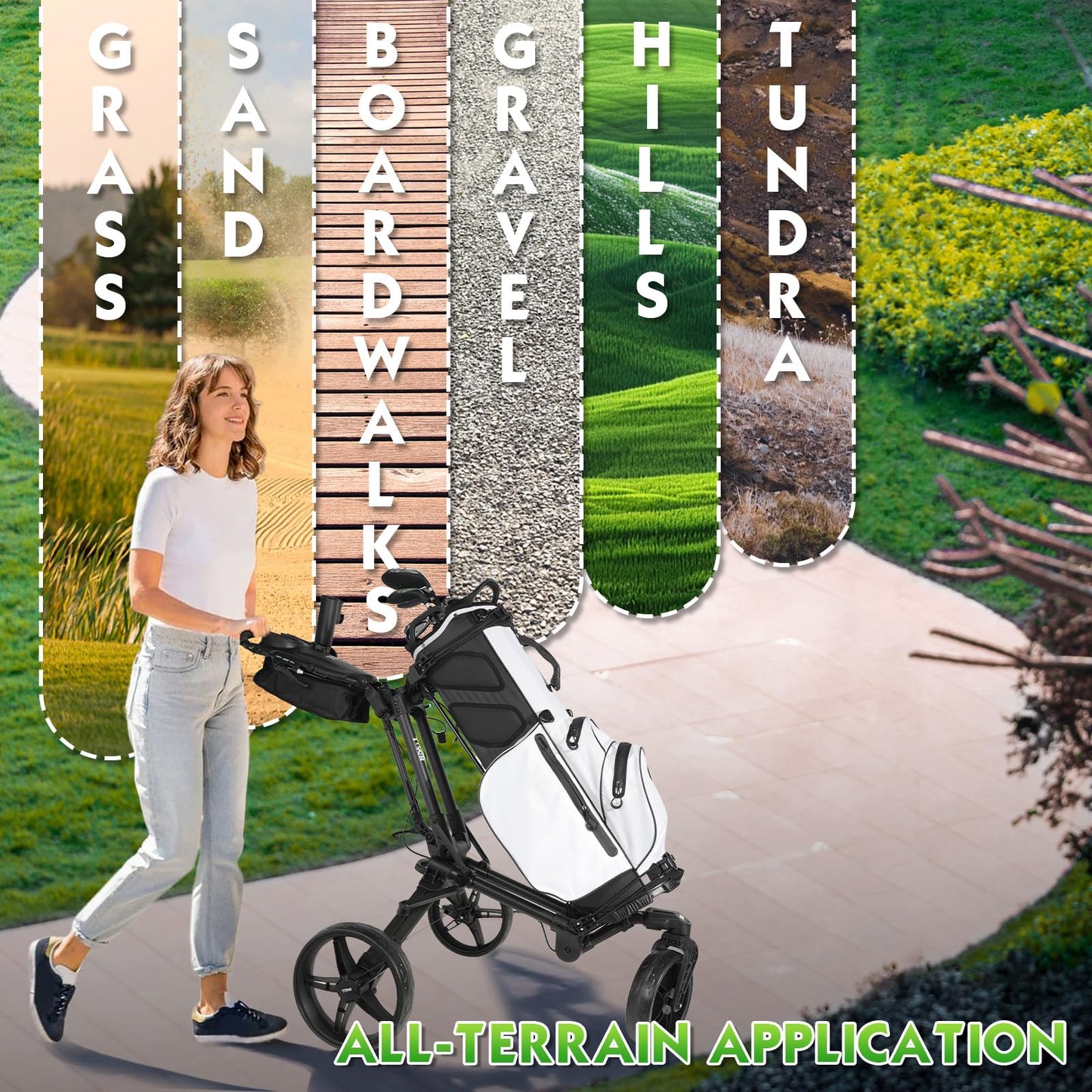 Golf Push Cart with 360° Front Wheels & Handbrake,Tivor 3 Wheel Pull Cart Offers One-Click Folding and All-Terrain Mobility