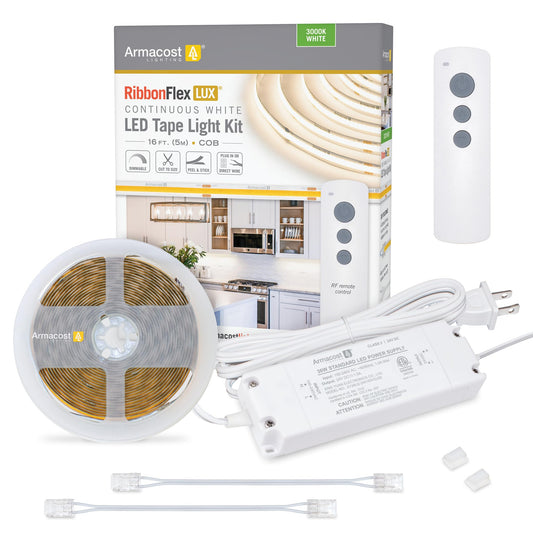 Armacost Lighting LED Tape Light Kit, 16ft, 3000K White Continuous (COB), Plastic, Model 421504
