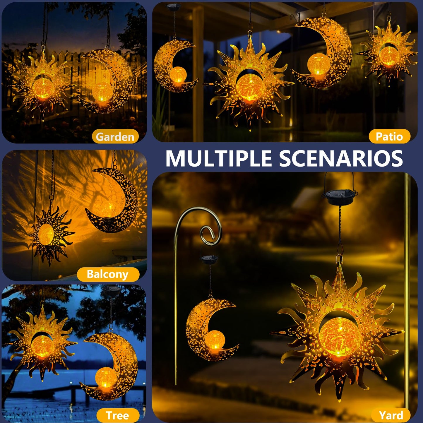 Qcf Solar Hanging Sun And Moon Lights Garden Outside Decor 2 Pack Metal Lanterns Outdoor Sunflower Art Decorations For Porch Backyard Patio Wall Tree Unique Gardening Gifts For Women Mom Grandma