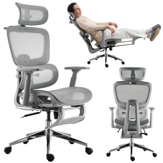 hujusko Mesh Ergonomic Office Chair with Footrest,High Back Mesh Gaming Chair with Lumbar Support,Adjustable Headrest and Armrests for Home Office Desk Chair (Modern, Grey)