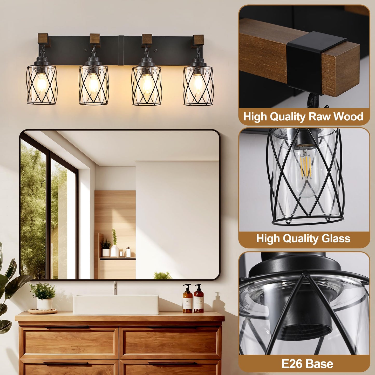 Farmhouse Bathroom Light Fixtures  4 Light Bathroom Vanity Light With Metal And Glass Lampshade  Wood Rustic Lighting Fixtures Over Mirror  Black Wall Sconces For Living Room  Bedroom