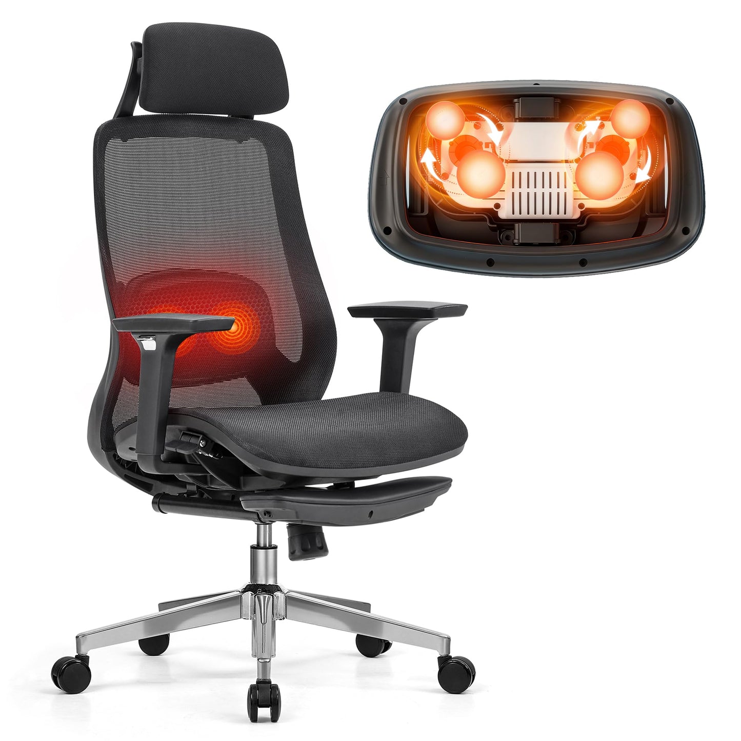 FLEXISPOT MasterEase Massage Office Chair with Footrest, High Back Ergonomic Desk Chair with Adjustable Headrest, 3D Armrests, 2D Lumbar Heated Massage, 4-Position Recline, Mesh Seat, Black