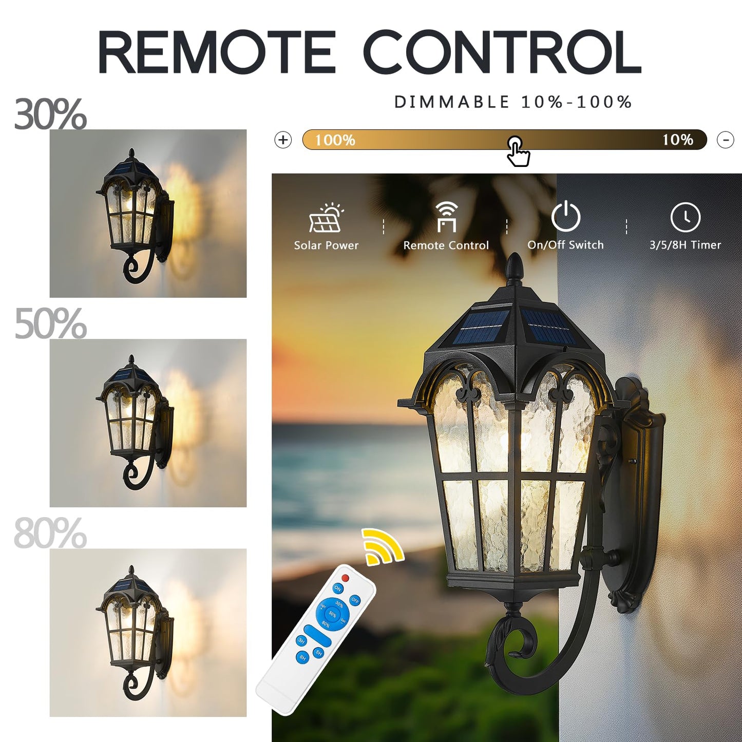 Emliviar Exterior Led Solar Wall Sconce With Remote Control  24 Front Door Wall Lantern With Water Glass Shade  Waterproof Solar Black Wall Light With E26 Bulb  Yxe302Mb-Sl Bk