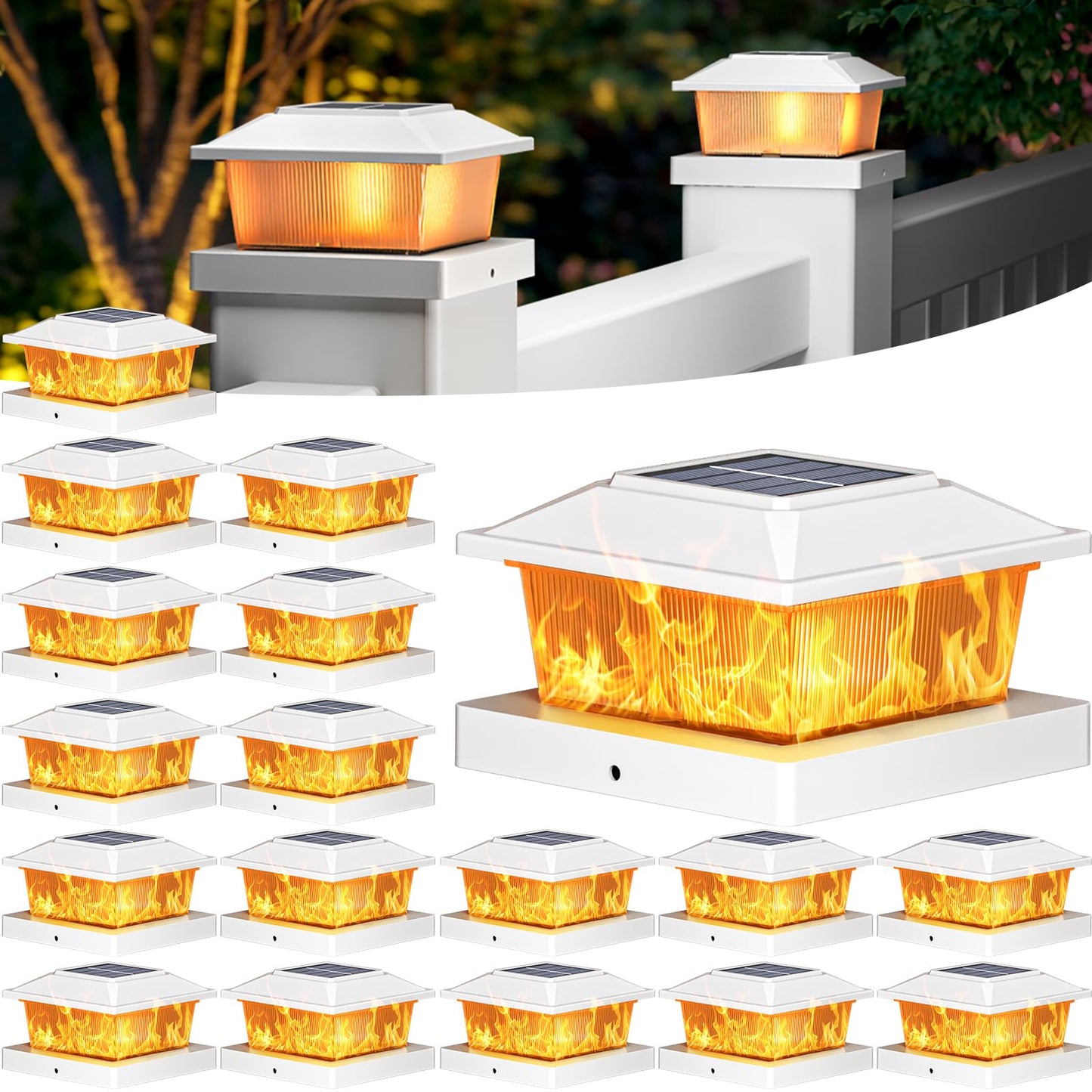 Btfarm 4X4 Solar Flame Post Cap Lights Outdoor  18 Pack Flickering Flame Deck Fence Post Lights  Waterproof Solar Powered Lighting Outside Fit 4X4 3.5X3.5 Wooden/Vinyl For Porch Patio Garden