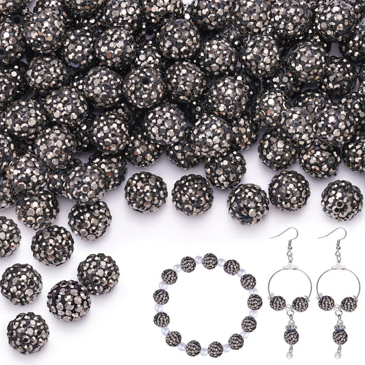 100 pcs 10mm Rhinestone Beads for Jewelry Making, Hematite Shiny Round Shamballa Disco Beads Bulk, Sparkle Crystal Clay Christmas for Bracelet Baseball Necklace Earring Crafting and DIY