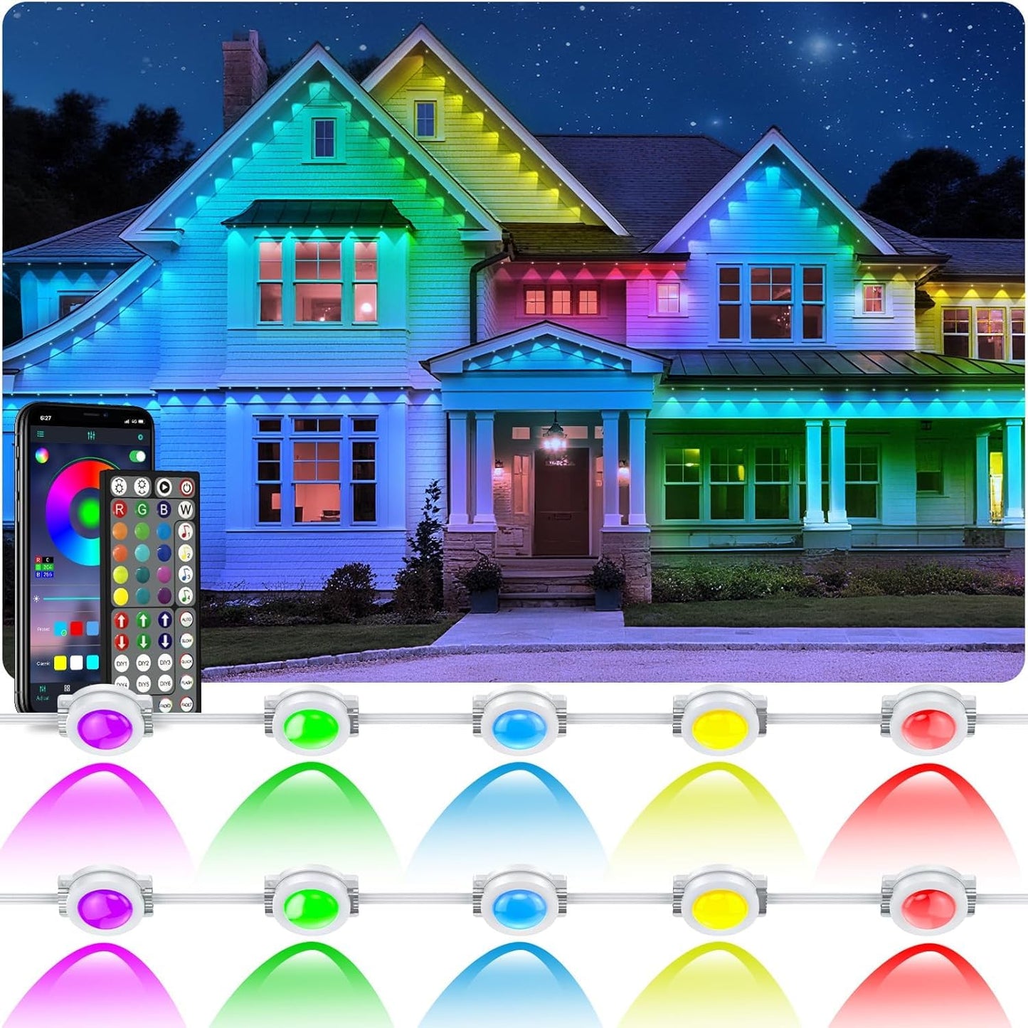 Letianpai 150Ft Permanent Outdoor Lights Rgb Eaves Lights With App Control Remote Diy Scene Modes Ip67 Waterproof Outdoors Under Eave Lighting Outdoor Light For Garden Decor