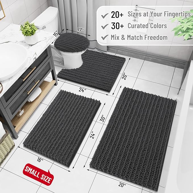Arotive Luxury Chenille Bathroom Rug Mat, Extra Soft Thick Absorbent Shaggy Bath Rugs, Non-Slip Machine Wash Dry, Plush Bath Mats for Bathroom, Shower and Tub, 44x32, Dark Grey