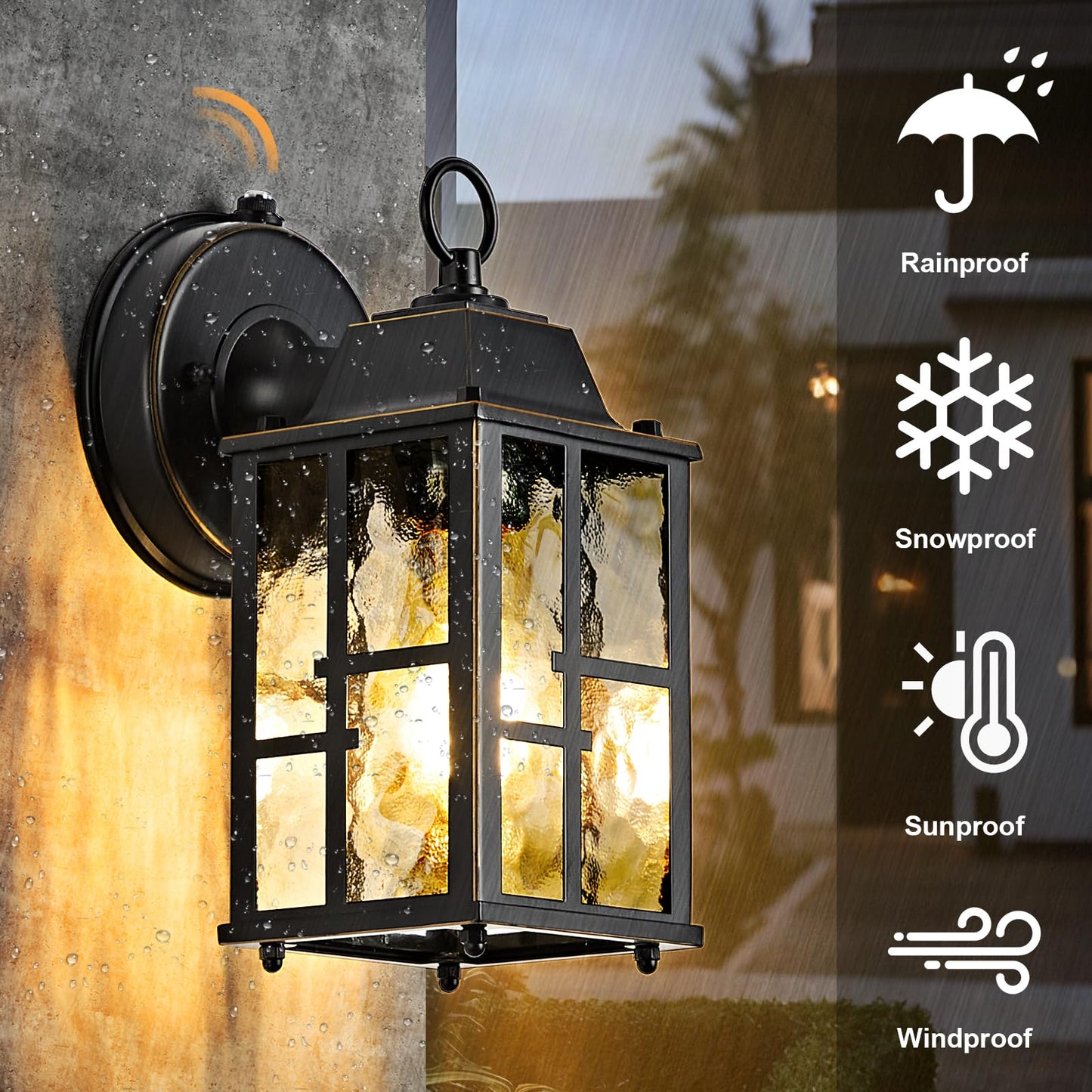Okeli 2-Pack Dusk To Dawn Outdoor Wall Lights  Weatherproof Exterior Lighting Fixture Wall Mount  Aluminum Ripple Glass Porch Light  Anti-Rust Outside Wall Sconce For House  Garage(Black&Gold-Trim)