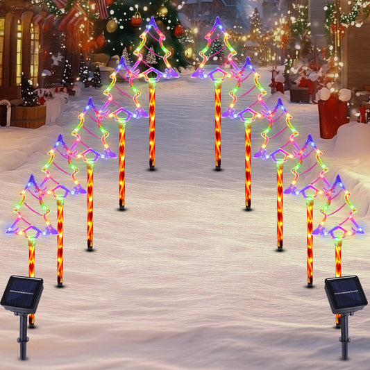 Christmas Solar Pathway Lights Outdoor Decorations  8 Modes Xmas Tree Candy Lights Waterproof Led Garden Stake Light For Walkway Yard Lawn Porch Holiday Decor 5-Pack (Multicolor Tree  10 Pack)