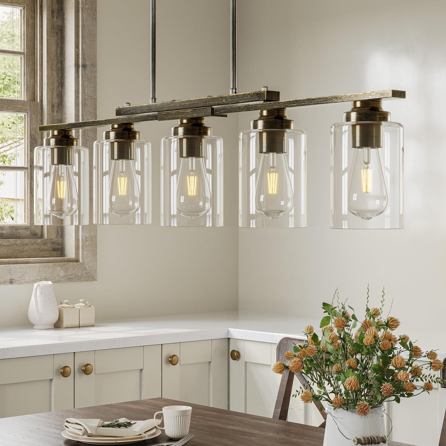 Vonluce Kitchen Island Lighting  5-Light Dining Room Light Fixture Over Table With Glass Shade And Adjustable Rods  Farmhouse Linear Chandelier For Kitchen Living Room  Antique Black  Etl Certificated