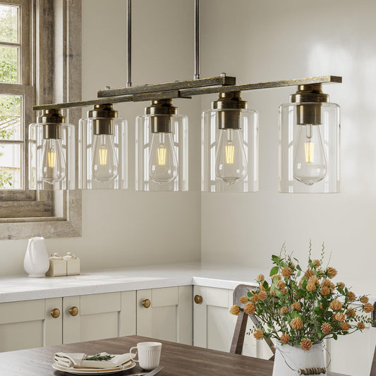 Vonluce Kitchen Island Lighting  5-Light Dining Room Light Fixture Over Table With Glass Shade And Adjustable Rods  Farmhouse Linear Chandelier For Kitchen Living Room  Antique Black  Etl Certificated