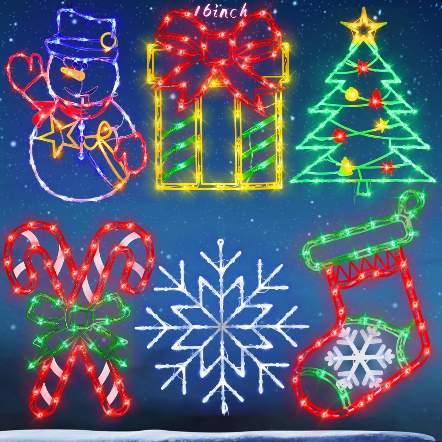 16 Christmas Window Silhouette Lights - 6 Pack Colour Lighted Snowflake  Gift Box  Christmas Tree  Christmas Stocking  Snowman  Candy Cane For Holiday Indoor And Outdoor Wall Door Window Decorate