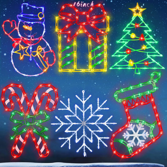 16 Christmas Window Silhouette Lights - 6 Pack Colour Lighted Snowflake  Gift Box  Christmas Tree  Christmas Stocking  Snowman  Candy Cane For Holiday Indoor And Outdoor Wall Door Window Decorate