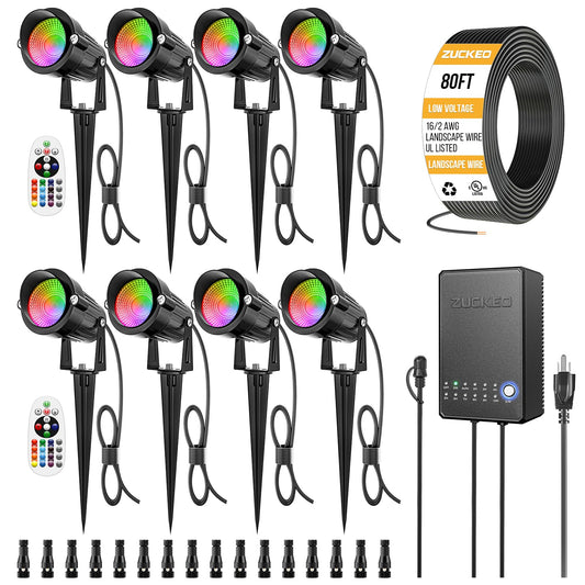 Zuckeo All-In-One Rgbw Landscape Lighting Kit  5W Color Changing Low Voltage Landscape Lights With Transformer And 80Ft Wire  Led Multi-Color Landscape Spotlights For Holiday Yard Garden House  8Pack