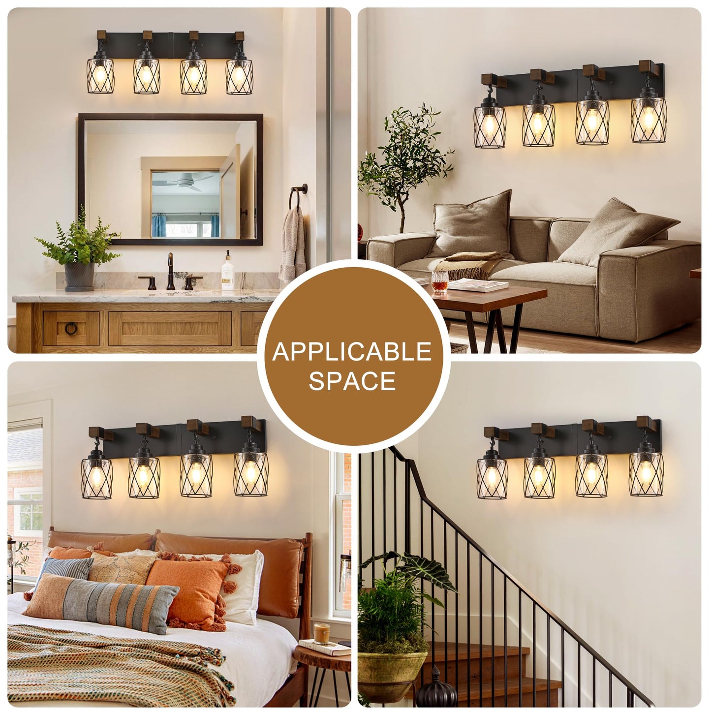 Farmhouse Bathroom Light Fixtures  4 Light Bathroom Vanity Light With Metal And Glass Lampshade  Wood Rustic Lighting Fixtures Over Mirror  Black Wall Sconces For Living Room  Bedroom