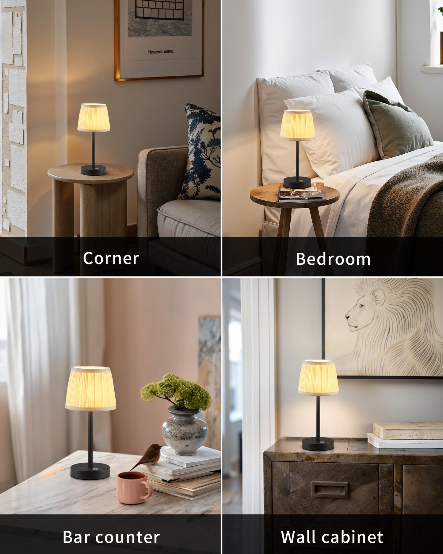 Pusu 2 Pack Cordless Led Black Table Lamps  Rechargeable 4000Mah 3 Way Dimmable Bedside Small Lamp With Fabric Shade  Lighting For Bedroom  Kids Room  Bathroom  Kitchen  Decor  Gift  Night Light