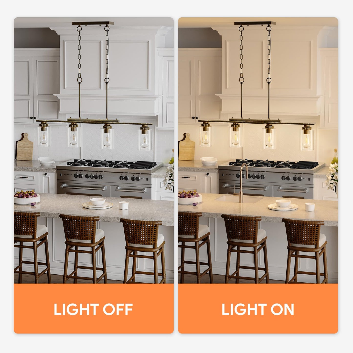 Vonluce Kitchen Island Lighting  4-Light Dining Room Light Fixture Over Table With Glass Shade And Adjustable Rods  Farmhouse Linear Chandelier For Kitchen Living Room  Antique Black  Etl Certificated